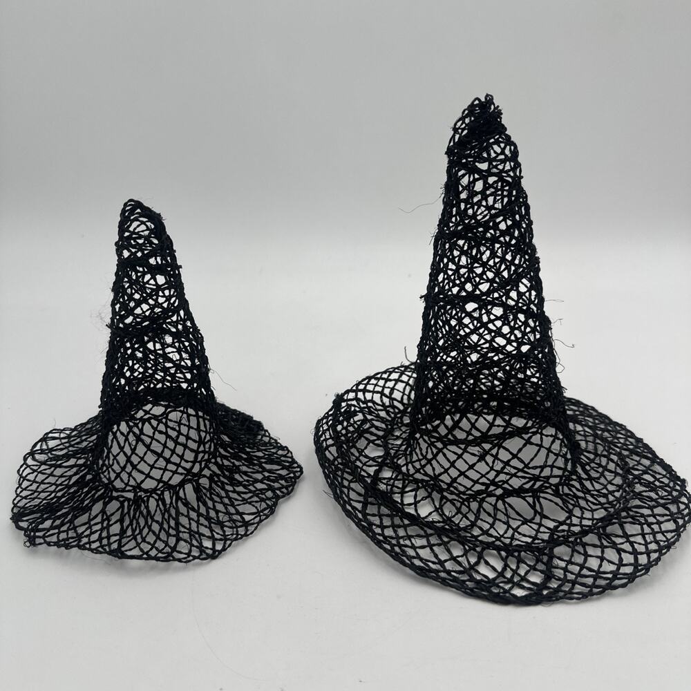 2- Vintage Black Mesh Abaca Witch Hat 6” And 7” Halloween Decoration